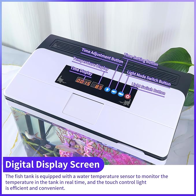 Glass 10 Gallon Aquarium Fish Tank Starter Kit with Temperature and Time Display for Betta Fish Featuring Crystal Clear 360° Viewing, Eco-Cycle Filtration, Air Pump Bluecoco