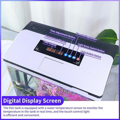 Glass 10 Gallon Aquarium Fish Tank Starter Kit with Temperature and Time Display for Betta Fish Featuring Crystal Clear 360° Viewing, Eco-Cycle Filtration, Air Pump Bluecoco