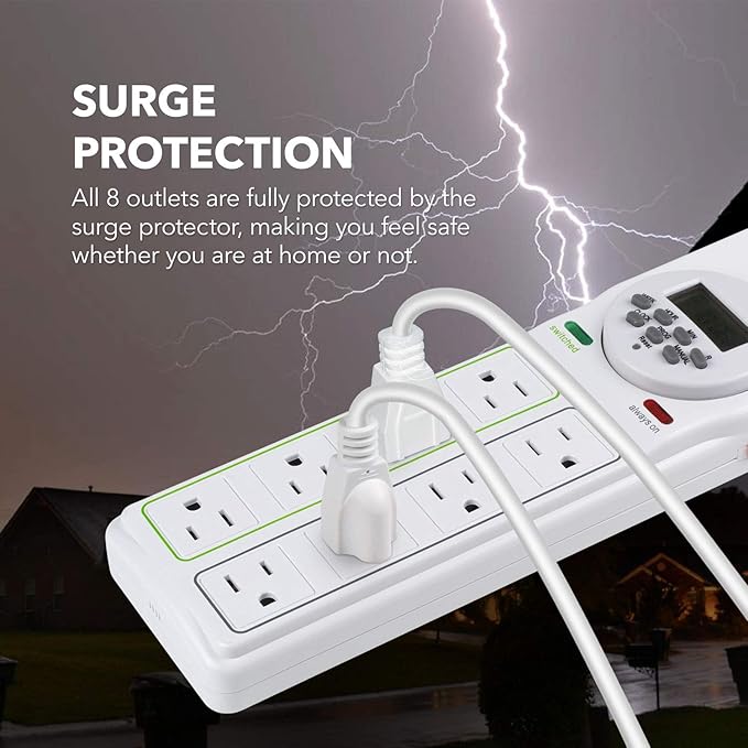 BN-LINK 8 Outlet Surge Protector with 7-Day Digital Timer (4 Outlets Timed, 4 Outlets Always On) - White BN-LINK
