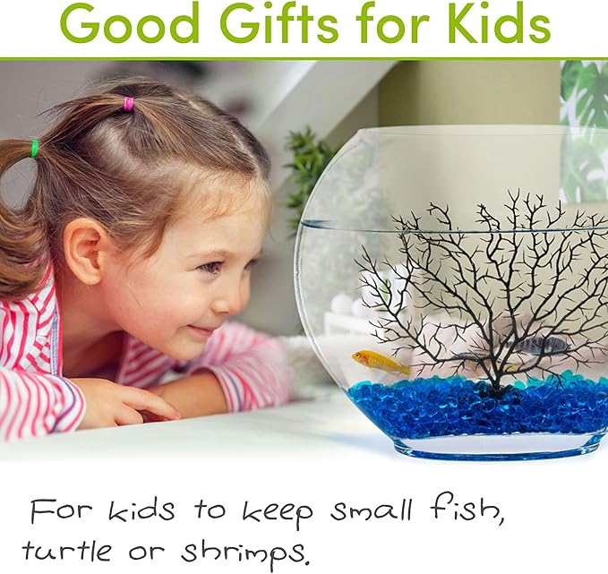 hygger Mini Glass Oblate Fish Bowl Kit, Small Fish Tank Comes with Blue Aquarium Decor Stones and Plastic Fan Branch Tree Ornament hygger