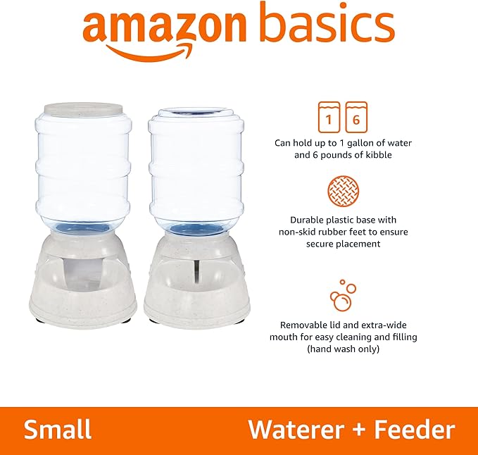 Amazon Basics Automatic Dog Cat Water Dispenser Gravity Feeder Set, Small, 6-Pound Food Capacity, 1-Gallon, Gray - PAWPICO
