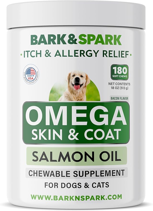 Omega 3 for Dogs and Cats - 180 Fish Oil Treats for Dog Shedding, Skin Allergy, Itch Relief, Hot Spots Treatment - Joint Health - Skin and Coat Supplement - EPA & DHA Fatty Acids - Salmon Oil - Bacon BARKSPARK