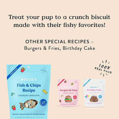 Bocce's Bakery Fish & Chips Treats for Dogs - Special Edition Wheat-Free Dog Treats, Made with Real Ingredients, Baked in The USA, All-Natural Salmon & Sweet Potato Biscuits, 5 oz - PAWPICO