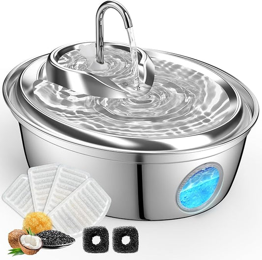 ORSDA Cat Water Fountain Stainless Steel, Cat Fountains for Drinking, 67oz/2L Automatic Pet Fountain Water Dispenser with Water Level Window for Cats and Small Dogs- 4Pcs Filters (D36-F) - PAWPICO
