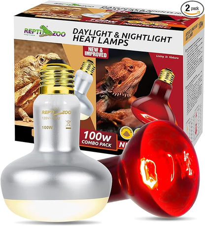 REPTI ZOO 2 Pack 100W Reptile Heat Lamp Bulbs,Upgraded Reptile Day and Night Basking Spot Bulb Combo Amphibian Infrared Heat Lamp Bulb/UVA Basking Spot Daylight Heating Light Bulb REPTIZOO