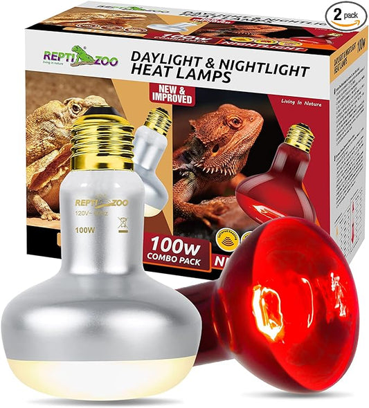 REPTI ZOO 2 Pack 100W Reptile Heat Lamp Bulbs,Upgraded Reptile Day and Night Basking Spot Bulb Combo Amphibian Infrared Heat Lamp Bulb/UVA Basking Spot Daylight Heating Light Bulb REPTIZOO