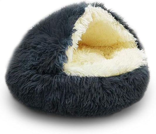 ShinHye Cat Bed Round Plush Fluffy Hooded Cat Bed Cave, Cozy for Indoor Cats or Small Dog beds, Soothing Pet Beds Doughnut Calm Anti-nxiety Dog Bed - Waterproof Bottom Washable (20×20inch, Dark Grey) - PAWPICO