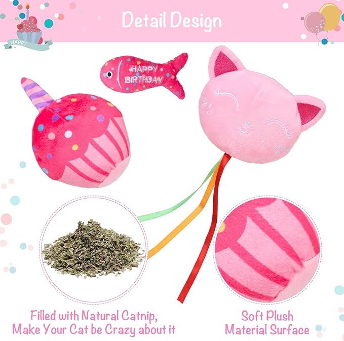 BINGPET Catnip Toys for Indoor Cats, Cat Birthday Hat and Interactive Plush Kitten Chew Toys - Cute Cake, Fish, Balloon Toys with Crinkle Paper and Catnip Inside Pink - PAWPICO