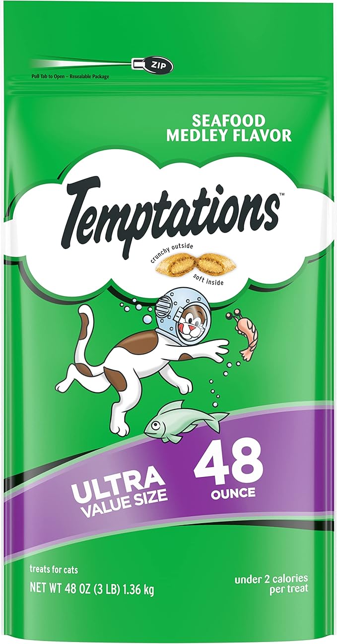Temptations Classic Crunchy and Soft Cat Treats Seafood Medley Flavor, 48 oz. Pouch Temptations