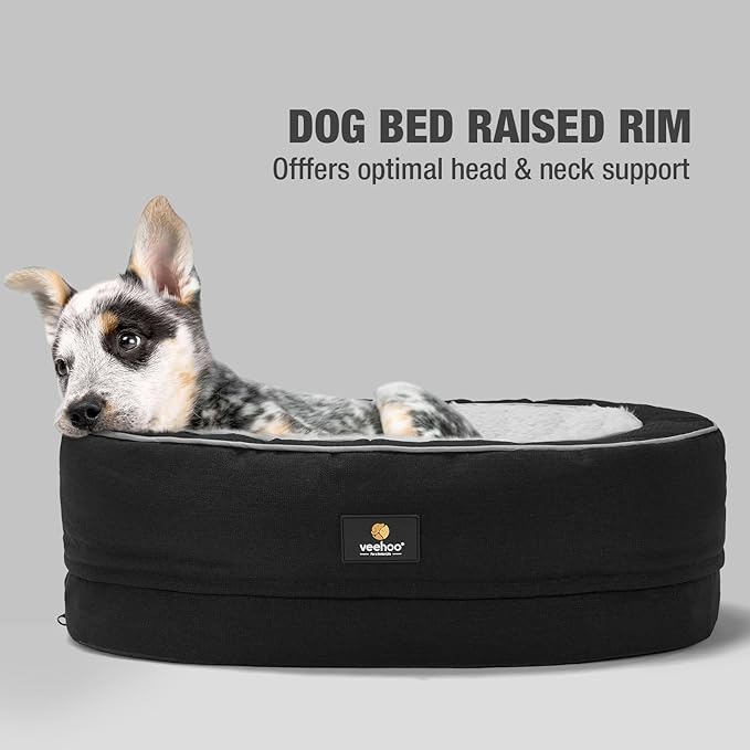 Veehoo Orthopedic Cat Bed for Indoor Cats, Oval Washable Cat Bed with Egg Crate Foam Support, Indoor Donut Puppy Cat Bed Bolster Dog Bed with Removable Cover & Non-Slip Bottom, Black - PAWPICO