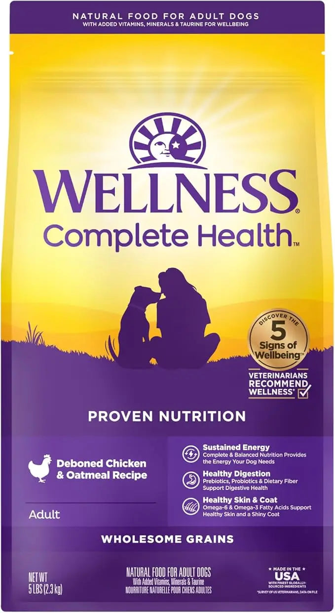 Wellness Complete Health Dry Dog Food with Grains, Natural Ingredients, Made in USA with Real Meat, All Breeds, For Adult Dogs (Chicken & Oatmeal, 5-Pound Bag) - PAWPICO