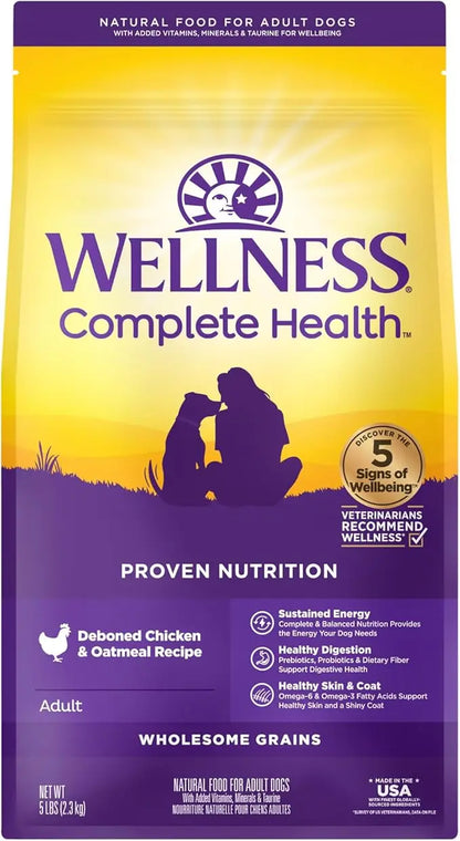 Wellness Complete Health Dry Dog Food with Grains, Natural Ingredients, Made in USA with Real Meat, All Breeds, For Adult Dogs (Chicken & Oatmeal, 5-Pound Bag) - PAWPICO