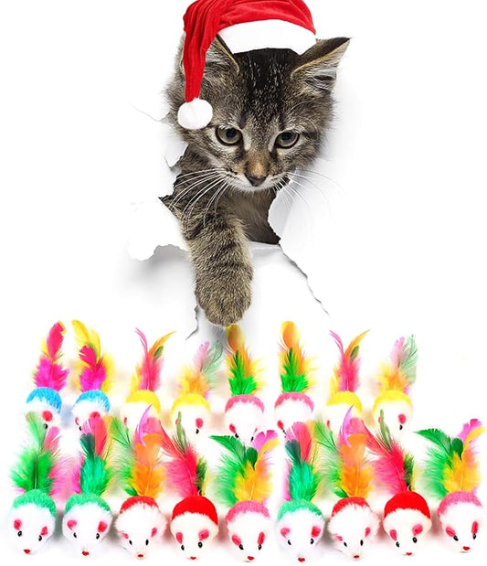 FYNIGO Cat Mouse Toys,17 PCS Cat Toy Mice Rattle Set,Interactive Cat Toy for Indoor Cats and Kittens,Assorted Color Catnip Toys with Feather Tail - PAWPICO