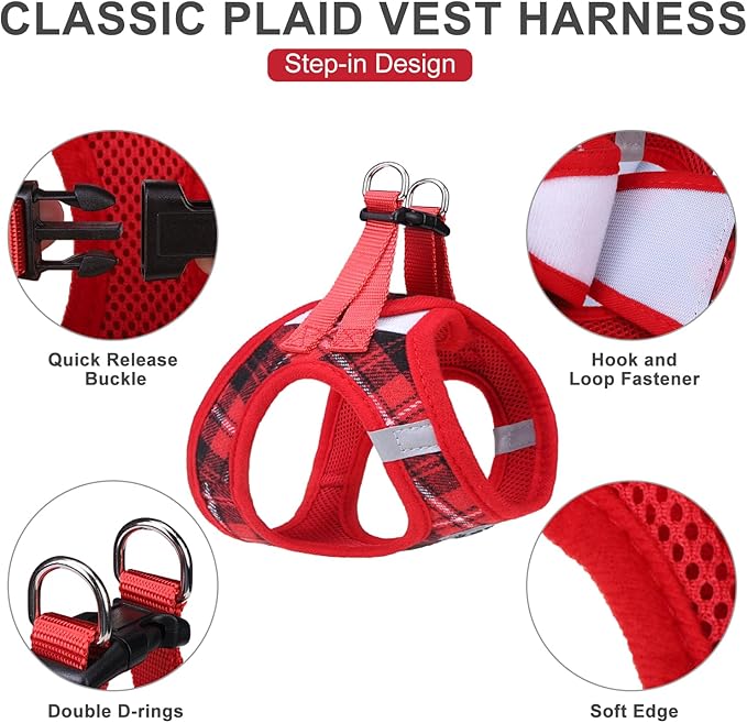 EXPAWLORER Classic Plaid Puppy Harness - Small Dog Harness and Leash Set - Dog Collar and Leash Set with AirTag Holder, Soft Padded Step in Dog Vest Harness No Pull Reflective for Outdoor, Red XS EXPAWLORER