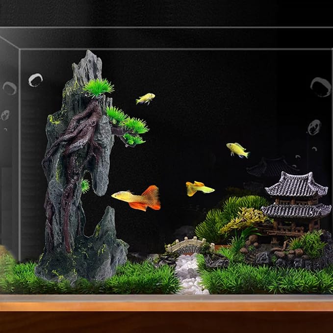 Tall Aquarium Mountain View Stone Decorations Aquarium Ornament Rock Cave Landscape Artificial Mountain Hill View Fish Tank Caves for Betta Hiding Reptile Aquarium Supply VMCN
