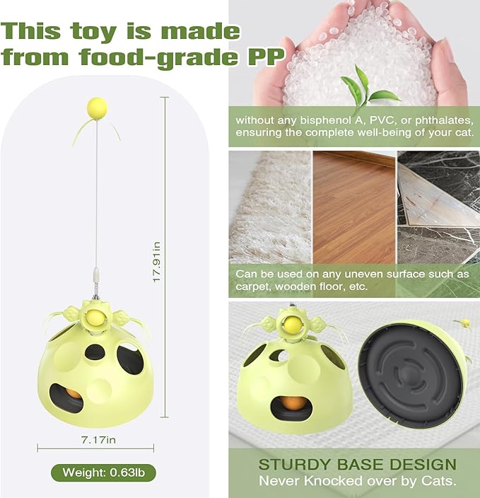 Interactive cat Toys for Indoor Cats, 4 in 1 cat self Moving Toy,Kitten Wand Toy, Spinning Toy, Slow Food Dispenser Feeder Treat Dispensing Feeding pet Supplies Gift (Green) - PAWPICO
