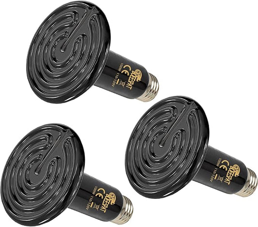Pack of 3 Black Ceramic Heat Emitters, 100W Reptile Heat Bulbs for Lizards, Snake, Bearded Dragon, Reptiles & Amphibians, No Light & No Disturbing BOEESPATDirect