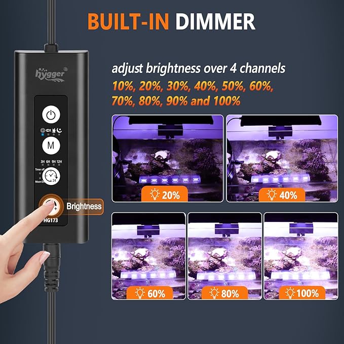 hygger 24/7 Mode Reef Aquarium Light White Blue U-V LEDs with 4 Channels Dimmer Timer Saltwater LED Light for LPS/Soft Coral/Fish Only Tank 12'' 30 Minutes Ramp Up & Down hygger