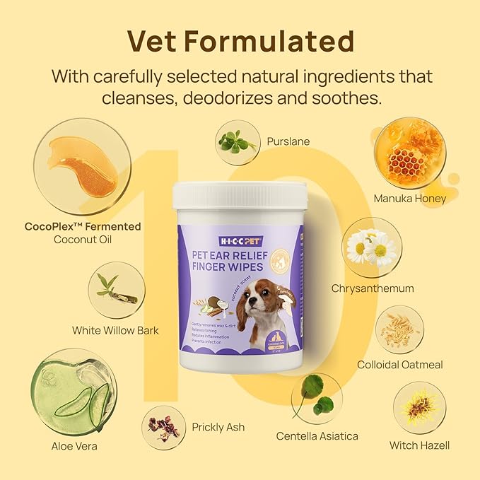 HICC PET Ear Finger Wipes for Dogs & Cats - Gently Remove Ear Wax, Debris - Sooths & Deodorizes - Relieve Ear Itching & Inflammation, Honey Scented, All Natural Ingredients - 100 Count HICCPET