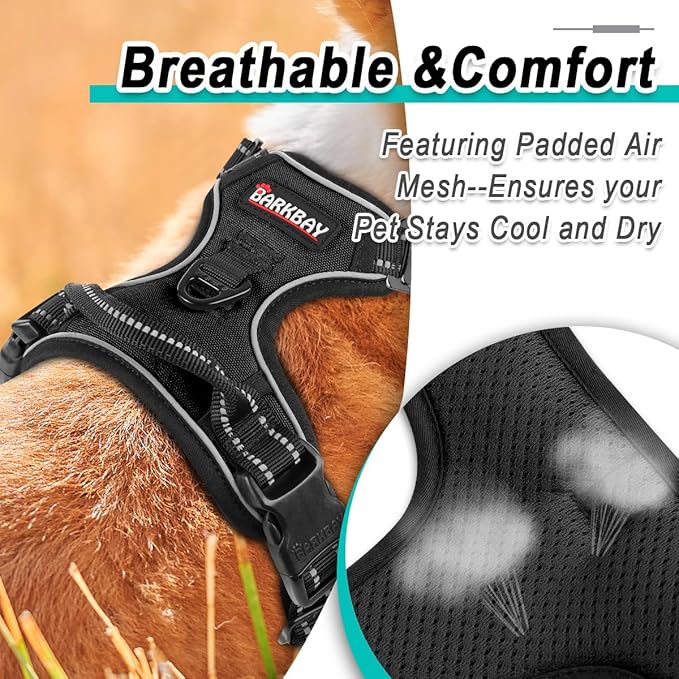 BARKBAY Dog Harness No Pull 3 Buckles for Medium Dogs - Adjustable, Reflective, Comfortable, No Choke, Heavy-Duty - Perfect for Outdoor Training, Walking, and Hiking - Strong & Durable - M & Black BARKBAY