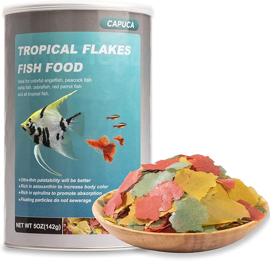 Tropical Fish Food Ultrathin Flakes - Color Enhancing Slow Sinking Natural Ingredient Antarctic Krill Spirulina Nutritionally Balanced Diet Suitable for All Tropical Fish (5oz) Capuca