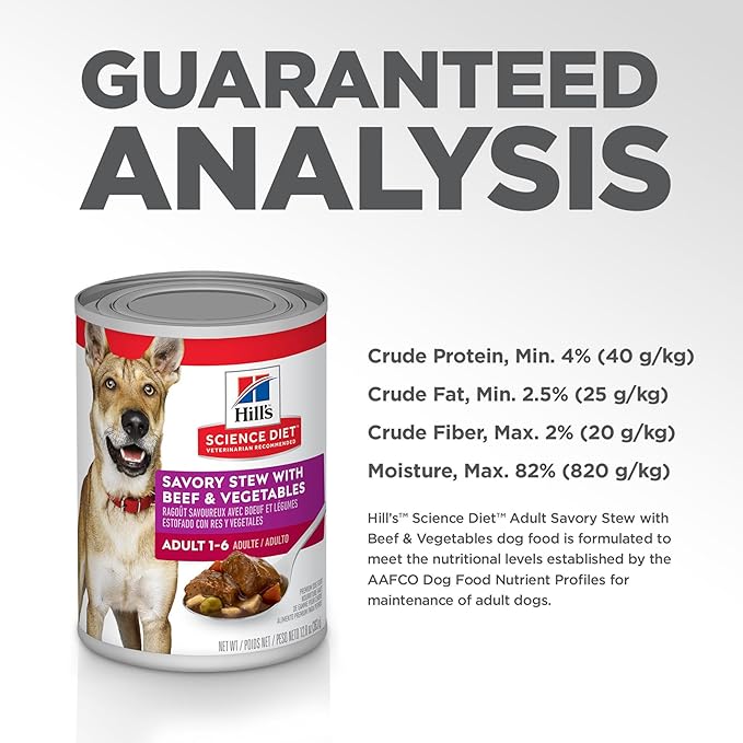Hill's Science Diet Adult 1-6, Adult 1-6 Premium Nutrition, Wet Dog Food, Beef & Vegetables Stew, 12.8 oz Can, Case of 12 - PAWPICO