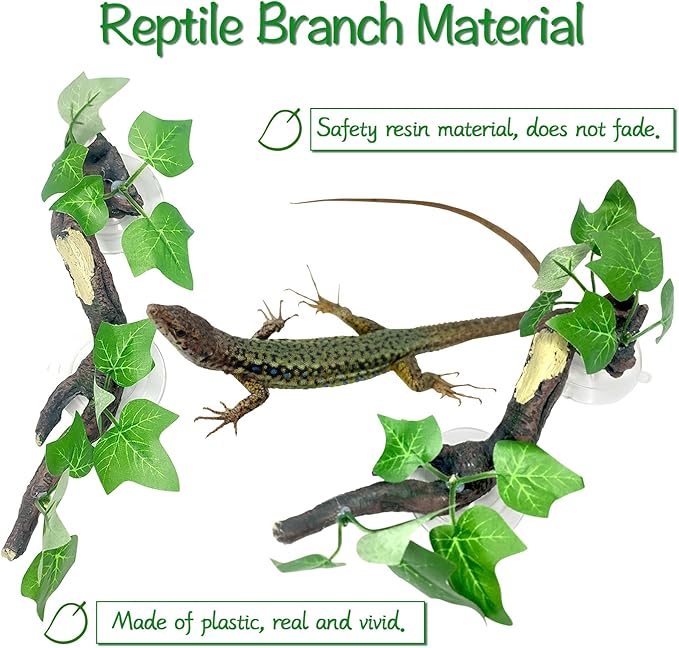 Fhiny 2 PCS Reptile Corner Branch, Resin Climb Tree Branch Decor with Leaves Tank Accessories Terrarium Plant Ornament with Suction Cup for Snake Lizard Bearded Dragons Gecko Climbing Fhiny