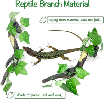 Fhiny 2 PCS Reptile Corner Branch, Resin Climb Tree Branch Decor with Leaves Tank Accessories Terrarium Plant Ornament with Suction Cup for Snake Lizard Bearded Dragons Gecko Climbing Fhiny