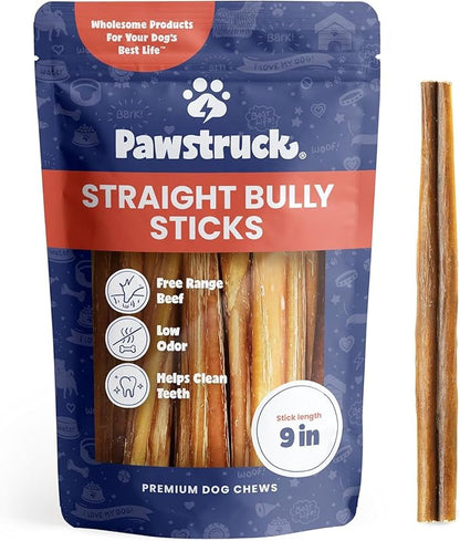 Pawstruck All-Natural 9" Bully Sticks for Dogs - Best Long Lasting, Rawhide Free, Low Odor & Grain Free Dental Chew Treat - Healthy Single Ingredient 100% Real Beef - 1 lb. Bag - PAWPICO