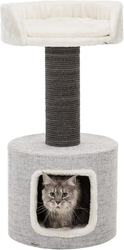 TRIXIE Fonda Cat Scratching Post 39 Inch - Cat Scratcher with Soft Fabric Covering Base and Durable Sisal Rope - for Large Cats with Condo Base and Platform - in Gray - PAWPICO
