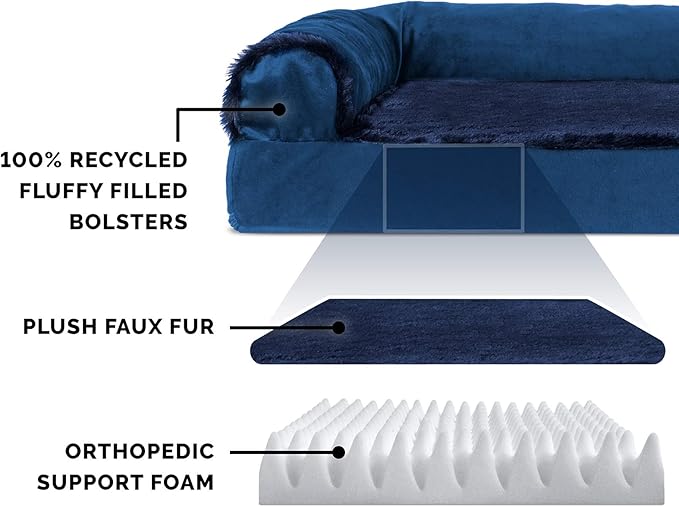 Furhaven Orthopedic Dog Bed for Large/Medium Dogs w/ Removable Bolsters & Washable Cover, For Dogs Up to 55 lbs - Plush & Velvet L Shaped Chaise - Deep Sapphire, Large - PAWPICO
