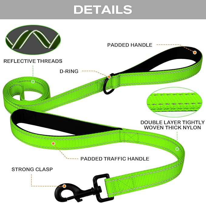 Joytale Dog Leash Heavy Duty for Large Dogs That Pull, Double Handle for Traffic Control, Double-Sided Reflective Leashes for Large Medium Dogs Night Safety, 6FT, Green Joytale