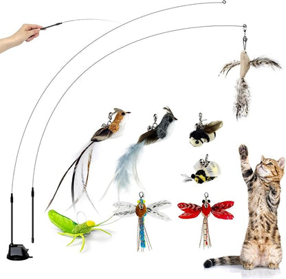 Cat Feather Toys with 1 Suction Cup,2 Cat Wands,8Pcs Birds and Insects Simulation Feather Refills with Bells, Interactive Toys for Indoor Cats and Kitten. - PAWPICO