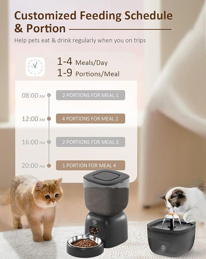 Automatic Cat Feeder and Water Dispenser Set with Pet Food Bowl Timer, Dual Power Supply, Programmable Portion Size, Auto Pet Feeder for Cats and Small Dogs, Voice Recorder, Black - PAWPICO