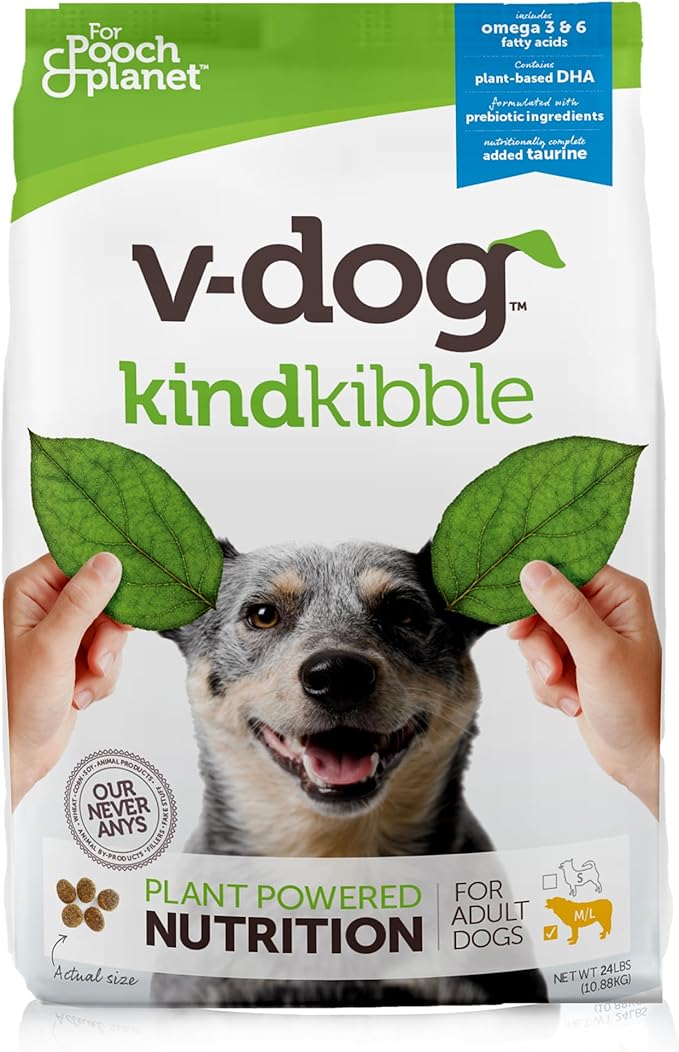 V-dog Vegan Kibble Dry Dog Food (24 LB) | Plant Based Protein with Added Taurine for Sensitive Stomach and Skin | Adult Dog Food | Vegetarian Superfood | Made in US - PAWPICO