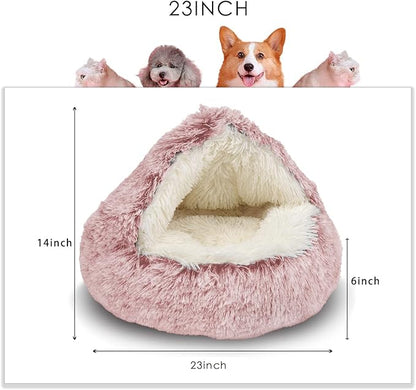 ShinHye Cat Bed Round Plush Fluffy Hooded Cat Bed Cave, Cozy for Indoor Cats or Small Dog beds, Soothing Pet Beds Doughnut Calm Anti-nxiety Dog Bed - Waterproof Bottom Washable (26×26inch, Pink) - PAWPICO