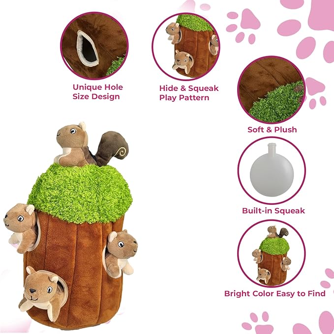 Squirrel in Tree Hide and Seek Dog Toy for Small and Medium Size Dogs, Plush Squirrel Inside Trunk Dog Toy with Squeaker, Interactive Burrow Dog Toy (Tree with Squirrels, Small) - PAWPICO