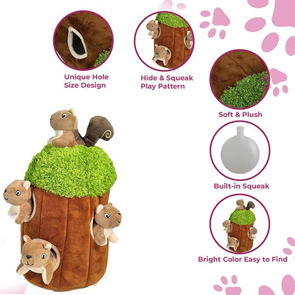 Squirrel in Tree Hide and Seek Dog Toy for Small and Medium Size Dogs, Plush Squirrel Inside Trunk Dog Toy with Squeaker, Interactive Burrow Dog Toy (Tree with Squirrels, Small) - PAWPICO
