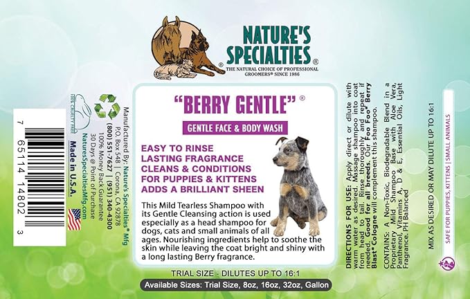 Nature's Specialties Berry Gentle Ultra Concentrated Face and Body Wash for Pets, Makes up to 2 Gallons, Natural Choice for Professional Groomers, Gently Cleanses The Skin and Coat, Made in USA, 16 oz NaturesSpecialties