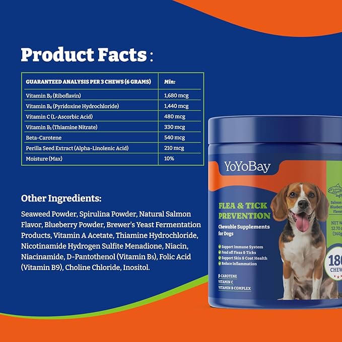 Flea and Tick Prevention for Dogs Chewable - 180 Soft Chews, Salmon & Blueberry Flavor - Dog Flea and Tick Treatment Chewable, Natural Defense- Dog Immune Support Supplement YoYoBay