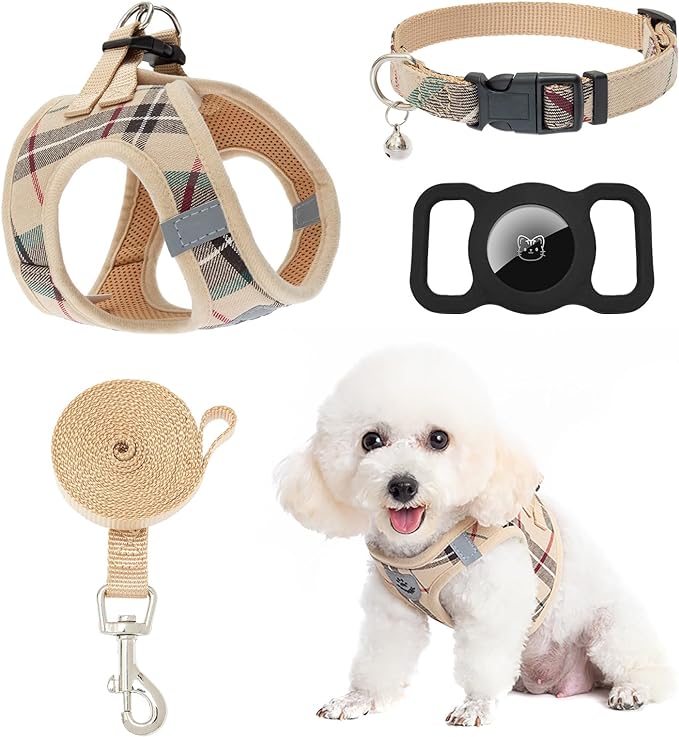 EXPAWLORER Classic Plaid Puppy Harness - Small Dog Collar and Leash with AirTag Holder Case - Soft Mesh Padded Adjustable Dog Vest Harness No Pull, Reflective Escape Proof for Outdoor, Khaki XS EXPAWLORER