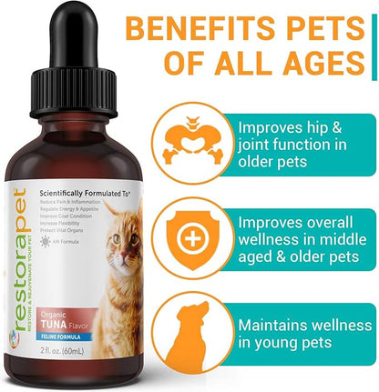 RestoraPet Organic Cat Supplement | Healthy & Safe Antioxidant Liquid Drops | Anti-Inflammatory Multi-Vitamin | Increases Mobility & Energy | Cat Joint Supplement | Tuna Flavored RestoraPet