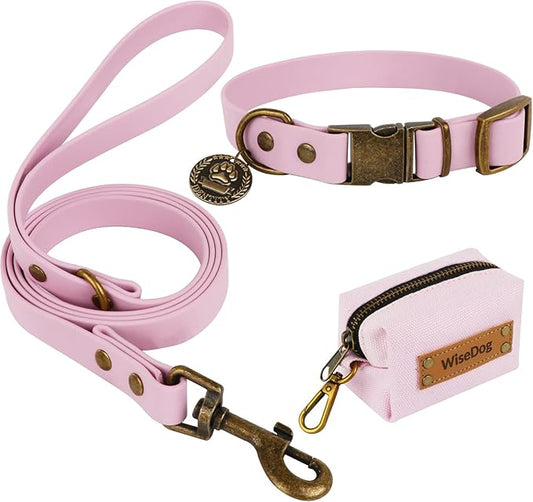 Wisedog Dog Collar and Leash Set Combo: Adjustable Durable Pet Collars with Dog Leashes for Small Medium Large Dogs,Includes One Bonus of Poop Bag Holder (M, Pale Pinkish Purple) WisedogPetSupplies