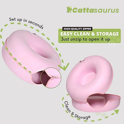 CATTASAURUS Peekaboo Cat Cave for Multiple & Large Cats Up to 30-45 Lbs, Scratch Detachable & Washable Tunnel Bed, Comfy Donut Cat Cave (Pink, Large) - PAWPICO