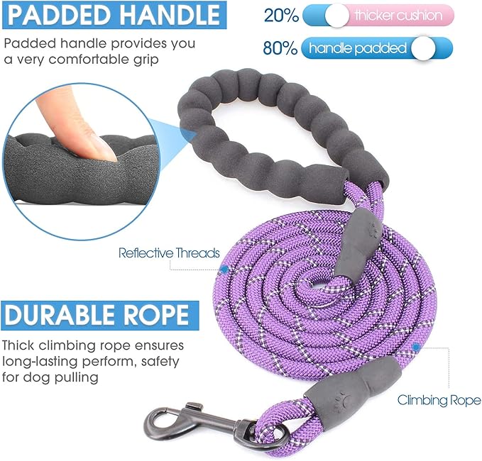 BAAPET 2/4/5/6 FT Dog Leash with Comfortable Padded Handle and Highly Reflective Threads for Small Medium and Large Dogs (5FT-1/3'', Purple) BAAPET