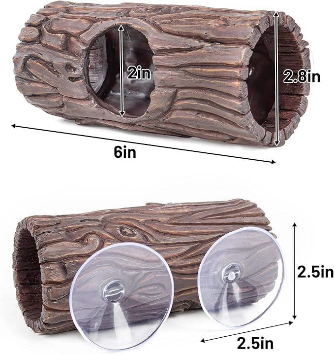 Reptile Hide, Resin Hollow Log Hideout with 2pcs Powerful Suction Cup, Reptile Tank Accessories Climbing Toys Terrarium Hideaway Caves Decor for Gecko, Lizard, Snakes, Hermit Crabs, Forgs CAVACHEWReptileSupplies