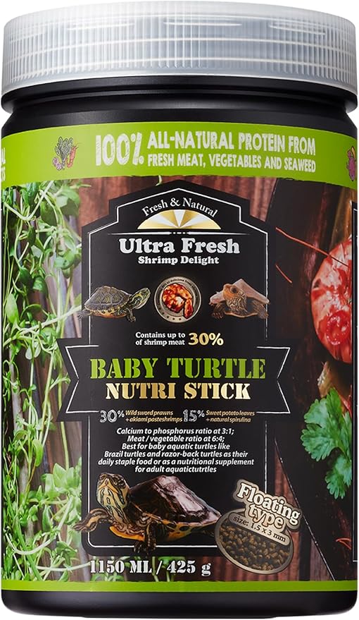 Ultra Fresh Floating Baby Turtle Food, All Natural Ingredients, Wild Sword Prawn, Calcium Vitamin D Enriched for Picky Aquatic Baby Turtles, Baby Turtle Nutri Stick 15 oz UltraFresh-ShrimpDelight
