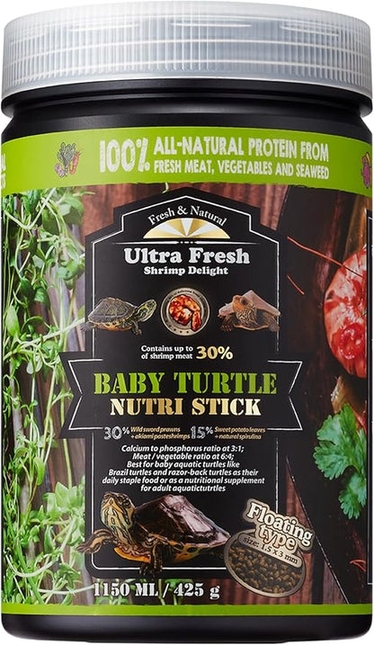 Ultra Fresh Floating Baby Turtle Food, All Natural Ingredients, Wild Sword Prawn, Calcium Vitamin D Enriched for Picky Aquatic Baby Turtles, Baby Turtle Nutri Stick 15 oz UltraFresh-ShrimpDelight