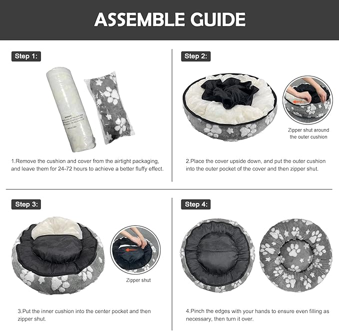 Donut Dog Beds for Small Dogs, Calming Round Cat Beds for Indoor Cats, Cute 3D Textured Paw Pet Bed with Removable Washable Cover and Anti-Slip Bottom（Grey，20"） - PAWPICO