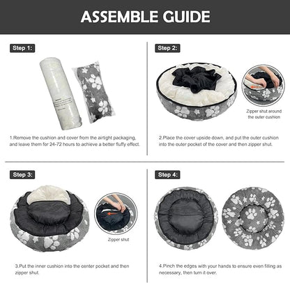 Donut Dog Beds for Small Dogs, Calming Round Cat Beds for Indoor Cats, Cute 3D Textured Paw Pet Bed with Removable Washable Cover and Anti-Slip Bottom（Grey，20"） - PAWPICO